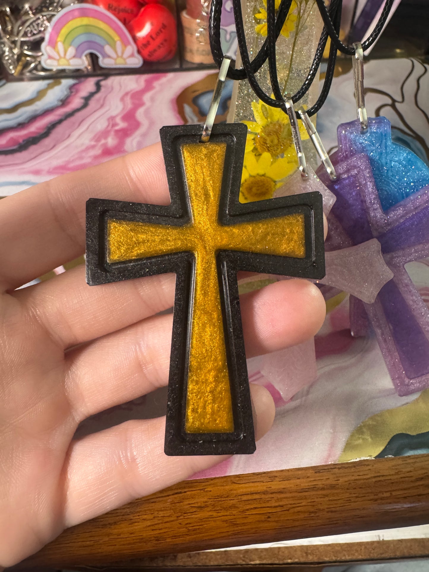"Golden Heirloom" Artisan Resin Cross Necklace