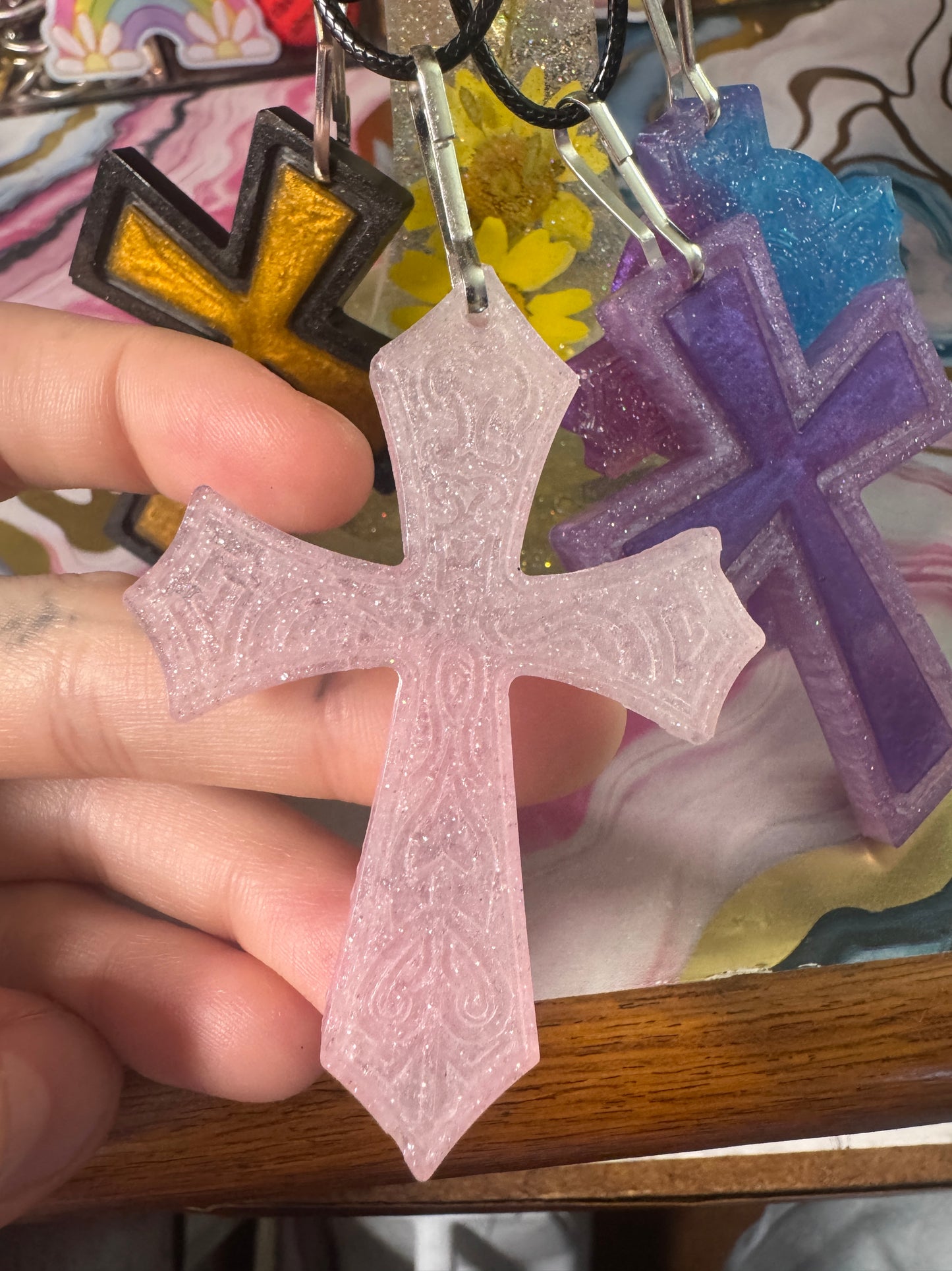 "Rosy Radiance" Artisan Resin Cross Necklace